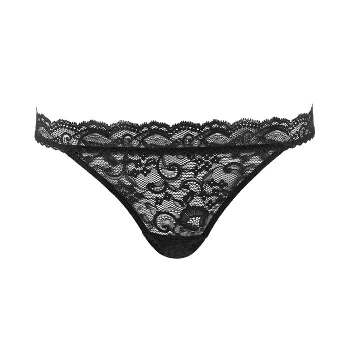 Schwarzer pofreier Spitzenslip von Aubade Paris aus der Dessous-Serie Boite a Desir mit raffinierten Ausschnitten am Rückenteil - vordere Produktansicht