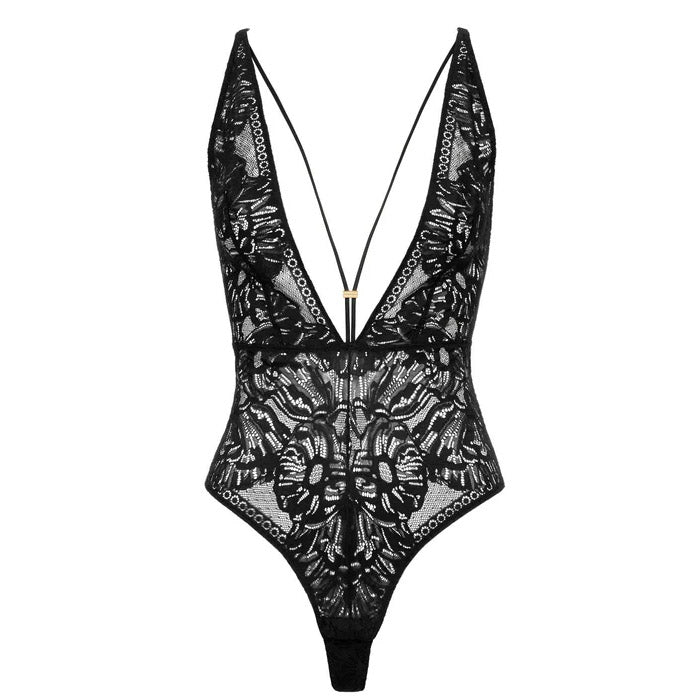 Schwarzer Spitzen-Body mit tiefem Dekolleté aus der Dessous-Serie Love Soul von Aubade Paris - Produktansicht