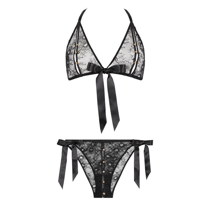 Schwarzes Triangel-Set ouvert aus Spitze aus der Serie "BOÎTE À DÉSIR" von Aubade Paris, Produktansicht