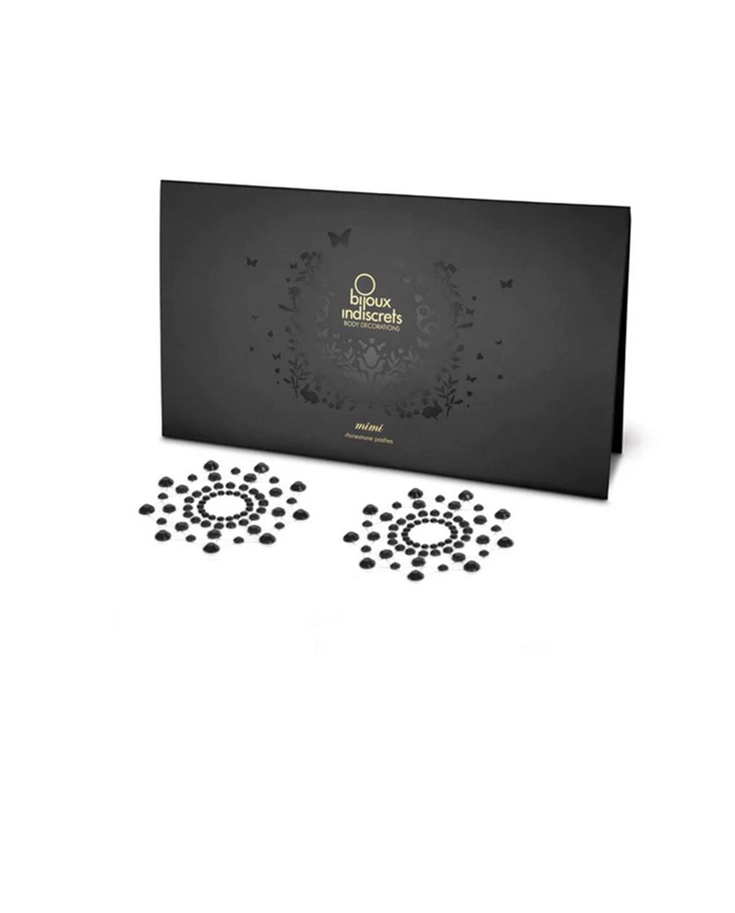 Selbstklebende Brustwarzenverzierung "Mimi" aus schwarzen Strasssteinen zur Brustwarzenverzierung von Bijoux Indiscrete mit Ansicht der Verpackung