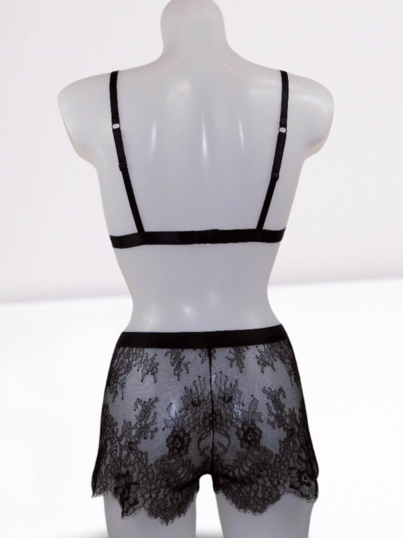 Durchsichtiger Bralette-BH aus schwarzer Spitze mit passendem French Knicker Rückansicht- fishbelly Lingerie handmade in Berlin