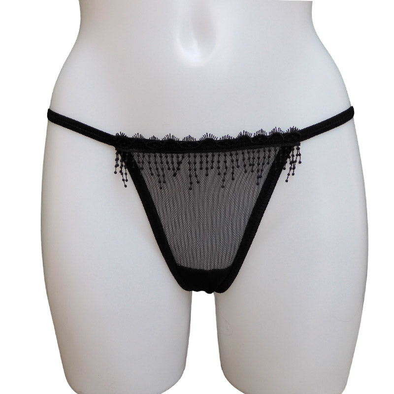 Schwarzer G-String mit Stickereiborte von fishbelly Lingerie - Handmade in Berlin