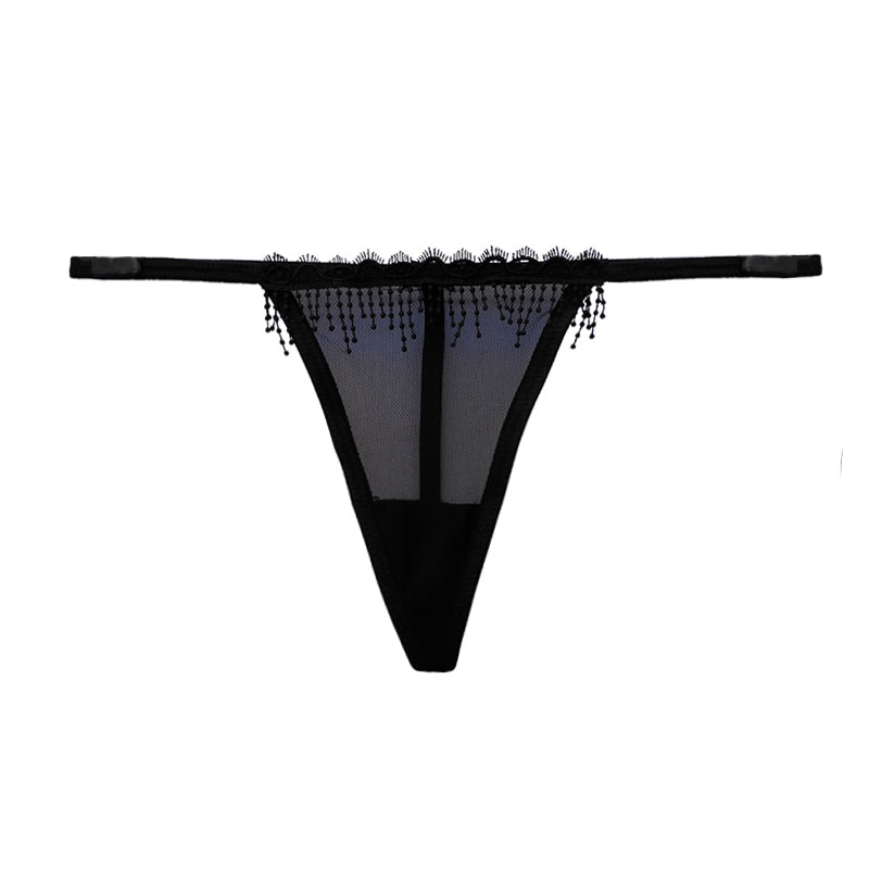 Schwarzer G-String mit Stickereiborte von fishbelly Lingerie - Handmade in Berlin