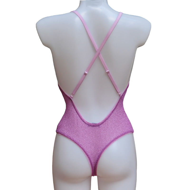 Glitzender Bodysuit in pink mit Lurex von fishbelly Lingerie handmade in Berlin - Rückansicht