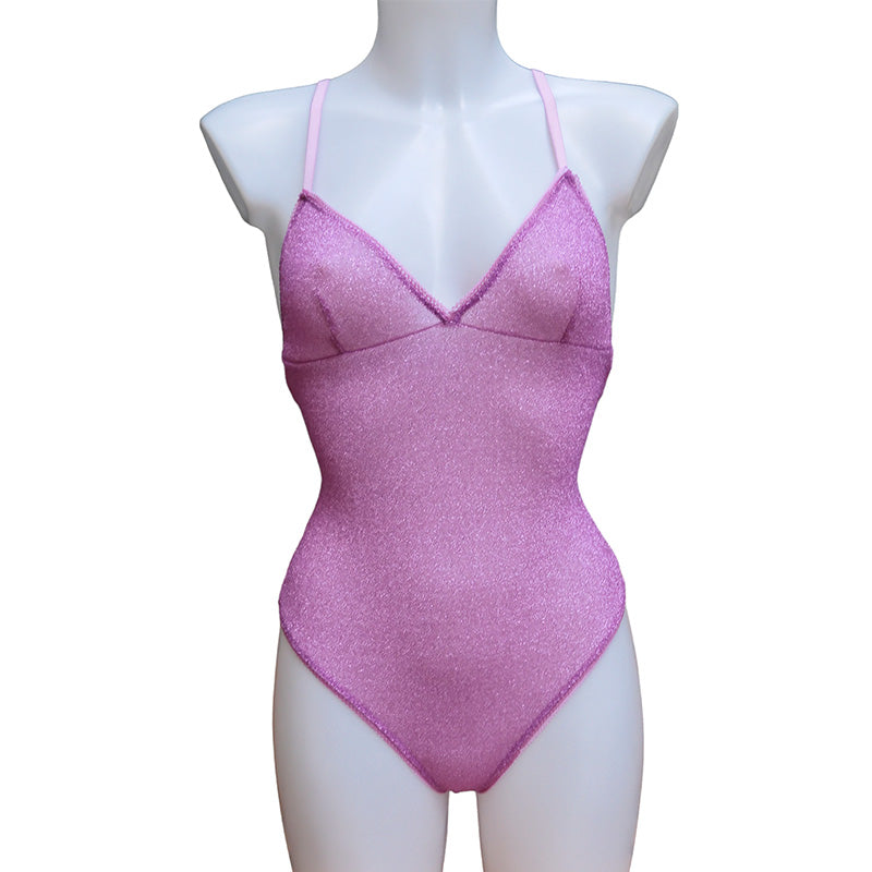 Glitzender Bodysuit in pink mit Lurex von fishbelly Lingerie handmade in Berlin  