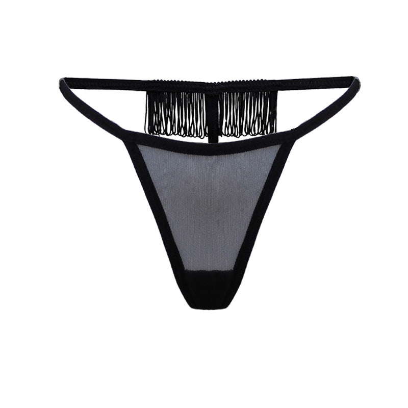 Schwarzer transparenter G-String mit Fransen am Rückenteil | fishbelly Berlin handmade Lingerie
