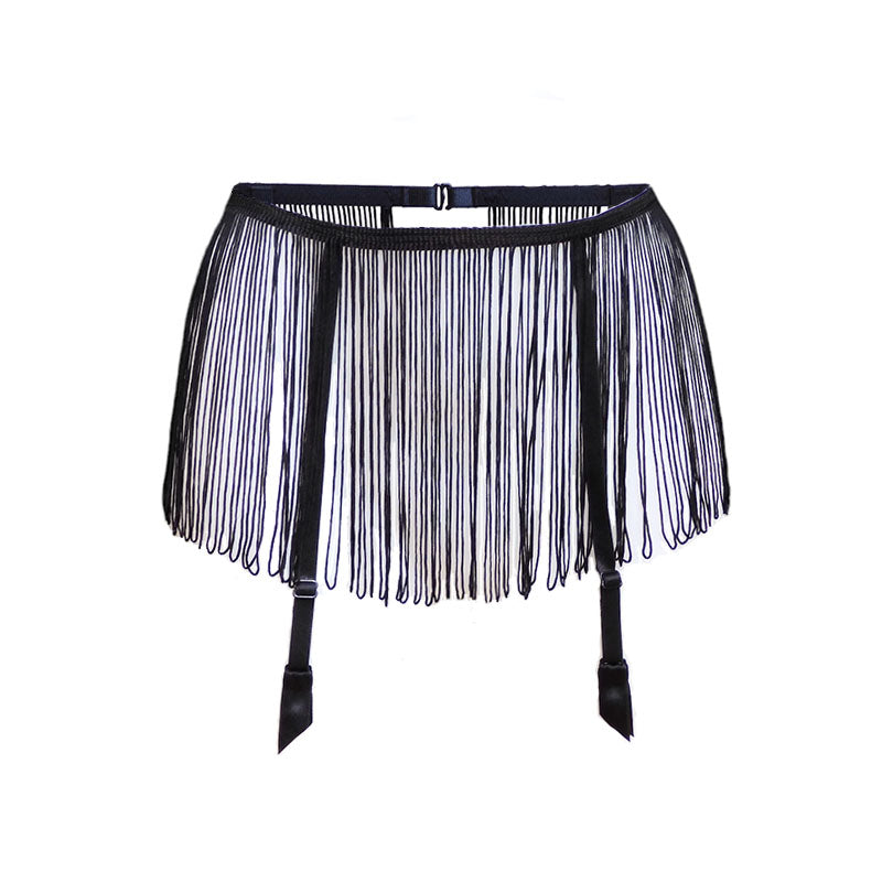 Strapsrock aus schwarzen langen Fransen von fishbelly Lingerie Berlin