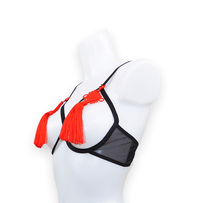 Schwarzer Open Cup Bügel Burlesque BH mit roten chinesischen Quasten seitlich| fishbelly Lingerie handmade in Berlin