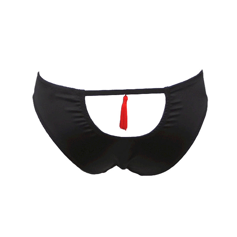 Schwarzer Satin Slip mit Cut Out Detail und roter Quaste Rückansicht von fishbelly Lingerie handmade in Berlin