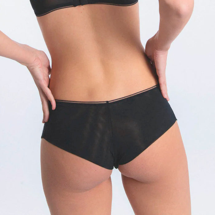 Transparenter schwarzer Shorty aus der Serie SIN von Maison Lejaby mit feinen Stickereieinsätzen, Rückansicht