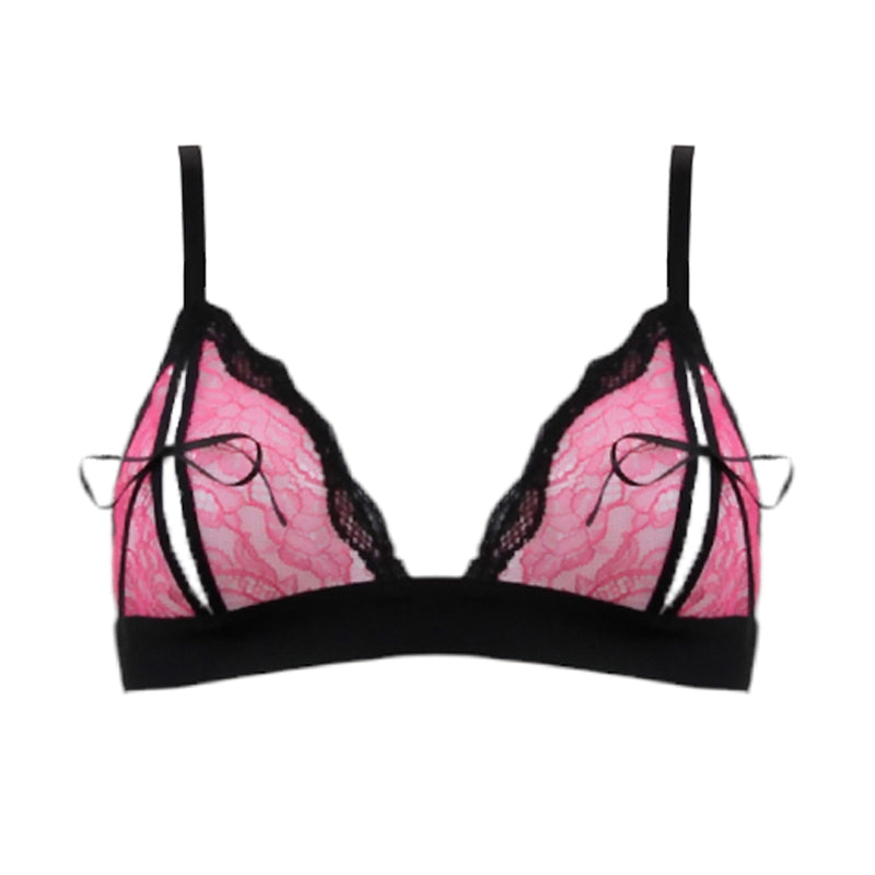 Das Bralette ouvert aus pinker Spitze mit schwarzen Einfassungen hat offene Cups, die spielerisch mit Schleifen geschlossen werden - fishbelly Lingerie handmade in Berlin