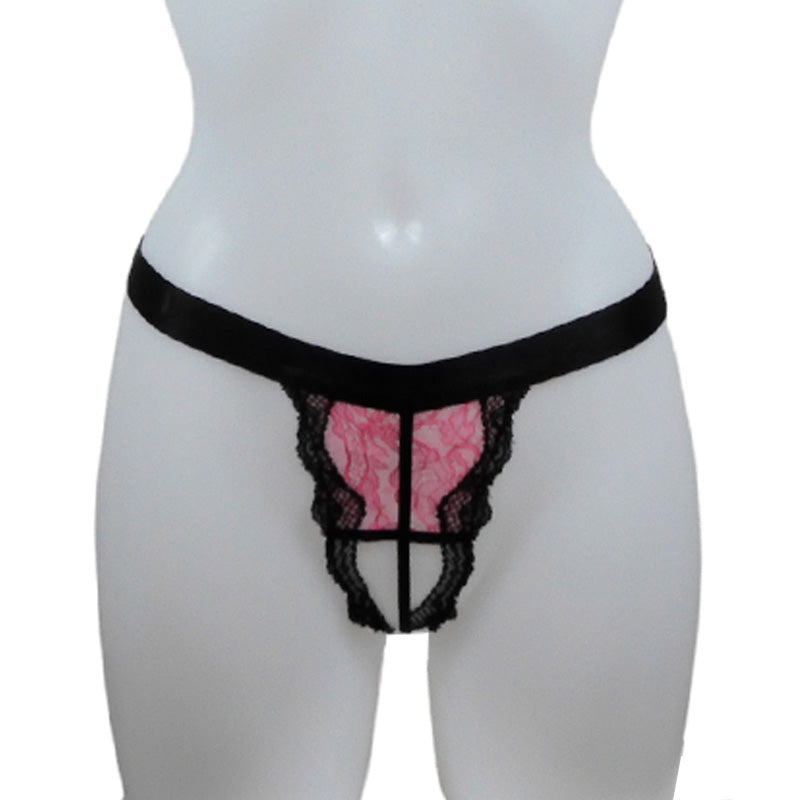 Offener G-String aus hochwertiger pinker Spitze, eingefasst mit einer schwarzen klassischen breiten Spitzenborte von fishbelly Lingerie handmade in Berlin