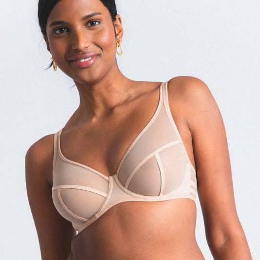 Maison Lejaby Nufit+ Transparenter unwattierter Bügel-BH in beige für große Cups und Körbchengrößen - Detialansicht