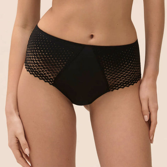 Schwarzer Taillenslip aus grafischer Spitze und edler Zierbogenkante aus der Dessous-Serie Cassandre von Simone Perele - Vorderansicht