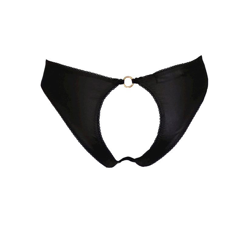 Schwarzer Slip mit Cut-Out-Detail am Po in Faux Leather Optik Rückansicht | fishbelly Lingerie handmade in Berlin