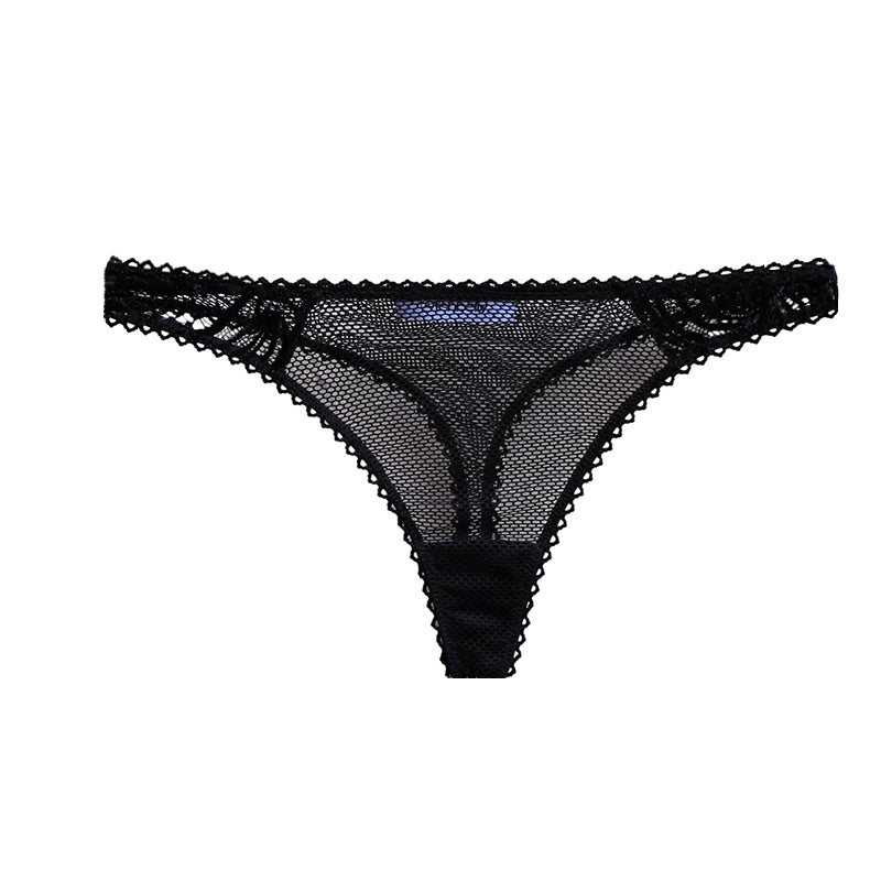 Schwarzer String aus transparentem Netzmaterial mit Einsatz aus hochwertiger Samtspitze mit leichtem Glitzereffekt von fishbelly Lingerie handmade in Berlin