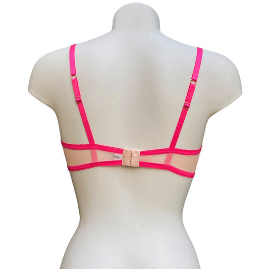 Transparenter Bügel-BH in apricot-nude mit neonfuchsia-farbener Borte und Trägern von fishbelly Lingerie - handmade in Berlin - Rückansicht