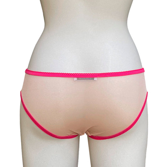 Transparenter Slip in apricot-nude mit neonfuchsia-farbener Borte von fishbelly Lingerie - handmade in Berlin - Rückansicht