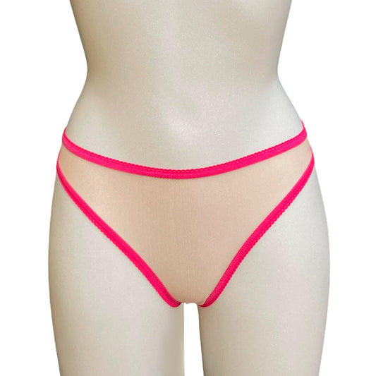 Transparenter String in apricot-nude mit neonfuchsia-farbener Borte von fishbelly Lingerie - handmade in Berlin