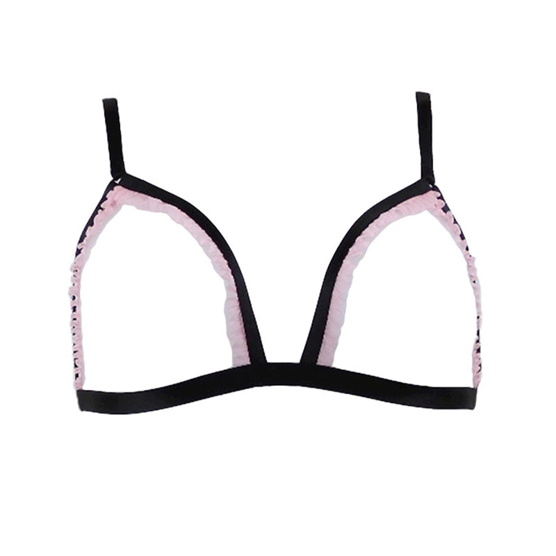 Open frame bralette in black with pink ruffle