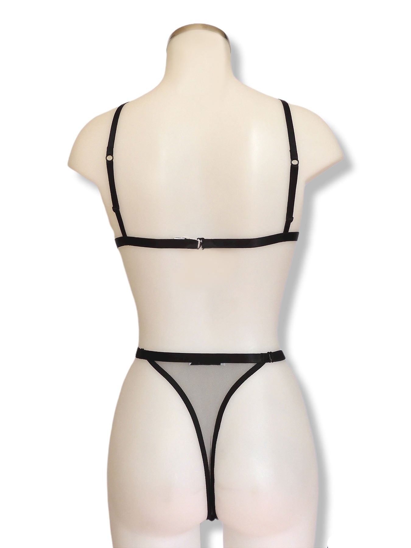 Transparenter schwarzer Triangel BH mit High Waist Tanga-String Rückansicht| fishbelly handmade Lingerie