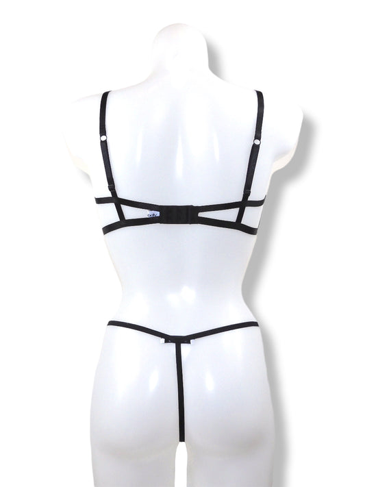 Offener schwarzer Bügel-BH mit offenem G-String Rückansicht| fishbelly handmade Lingerie
