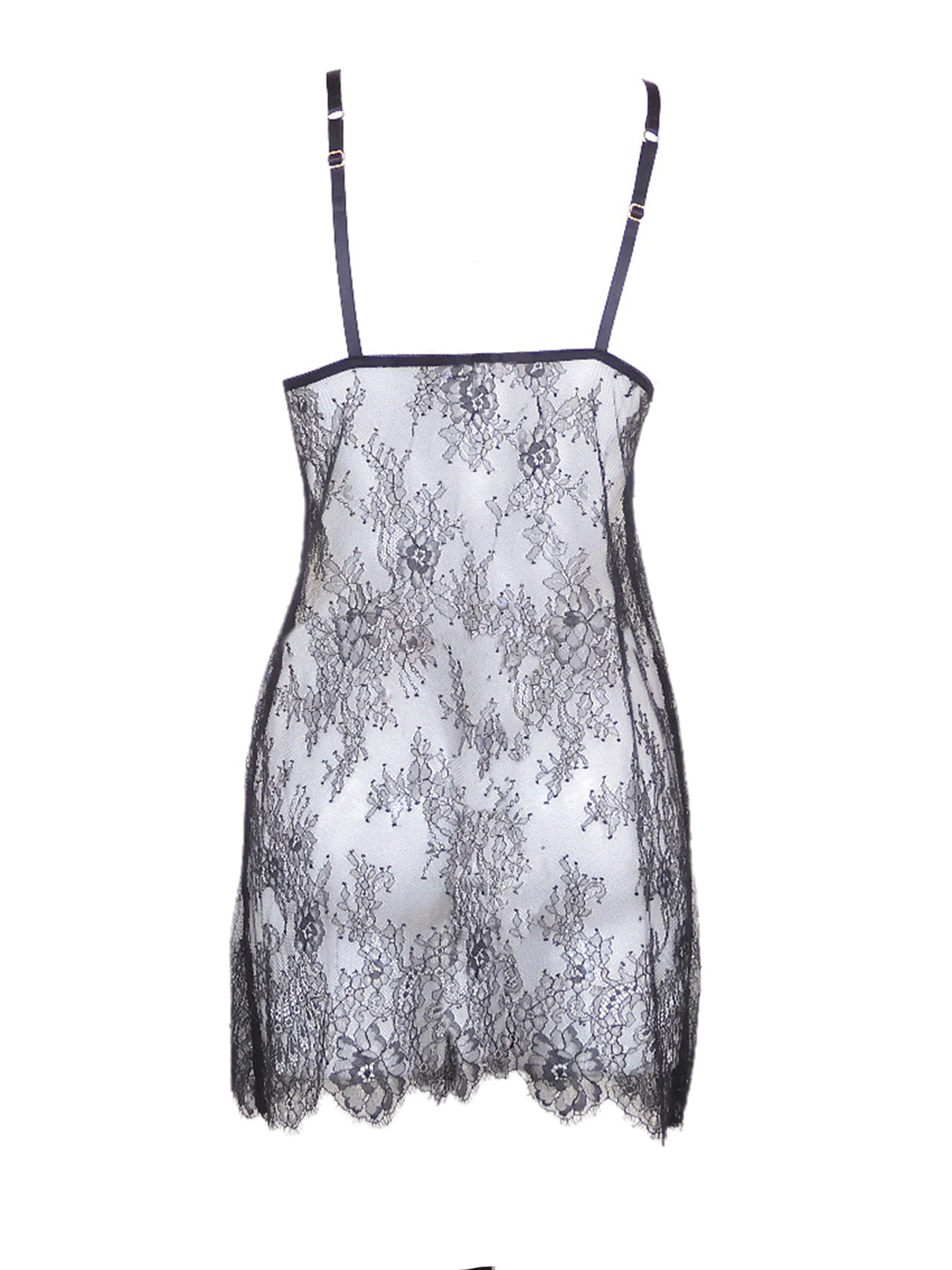 Durchsichtiges Kleidchen in A-Form im Slipdress-Stil aus schwarzer Spitze mit feiner Spitzen-Bogenkante als Saumabschluss Rückansicht- fishbelly Lingerie handmade in Berlin