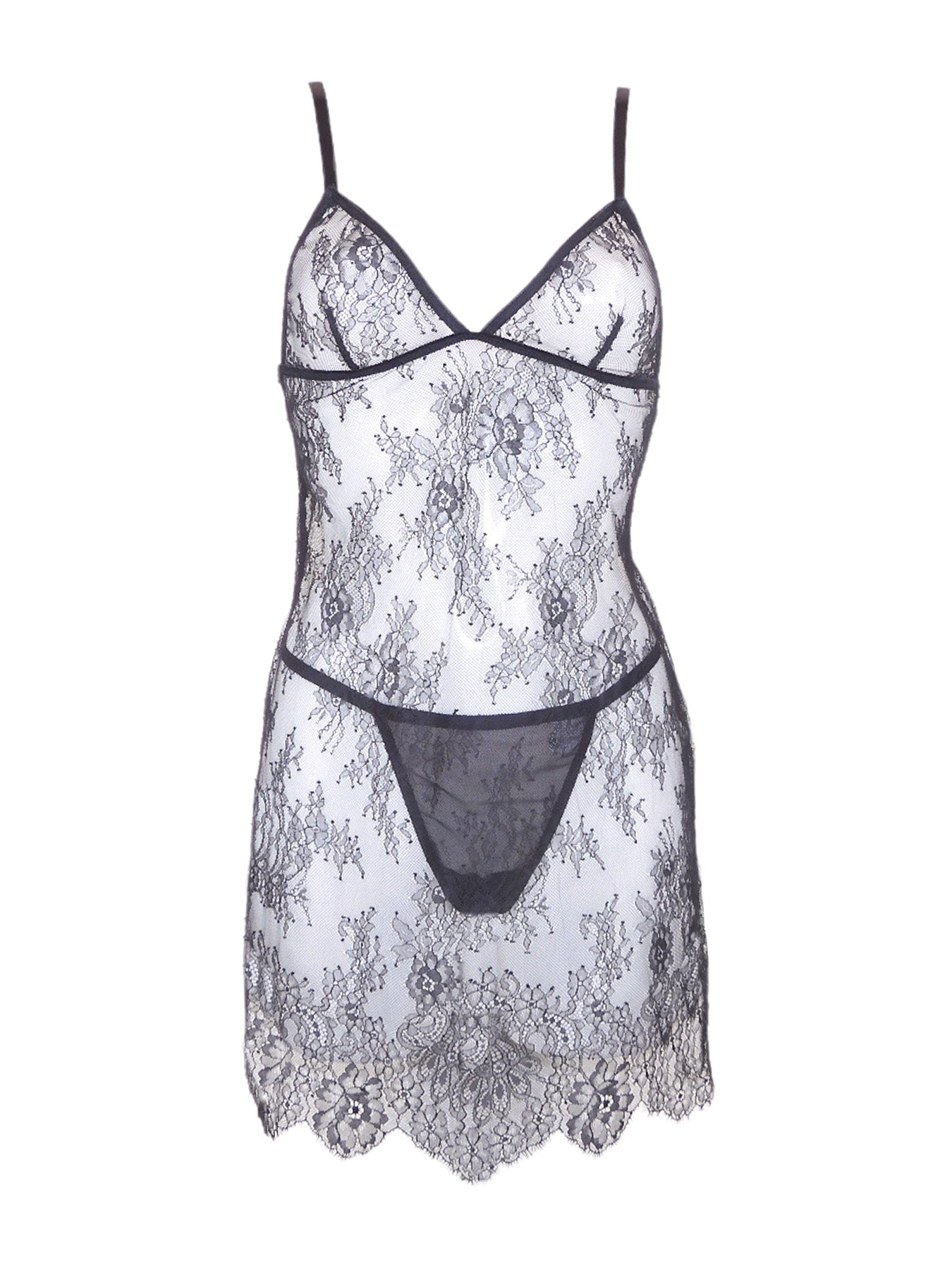 Durchsichtiges Kleidchen in A-Form im Slipdress-Stil aus schwarzer Spitze mit feiner Spitzen-Bogenkante als Saumabschluss - fishbelly Lingerie handmade in Berlin