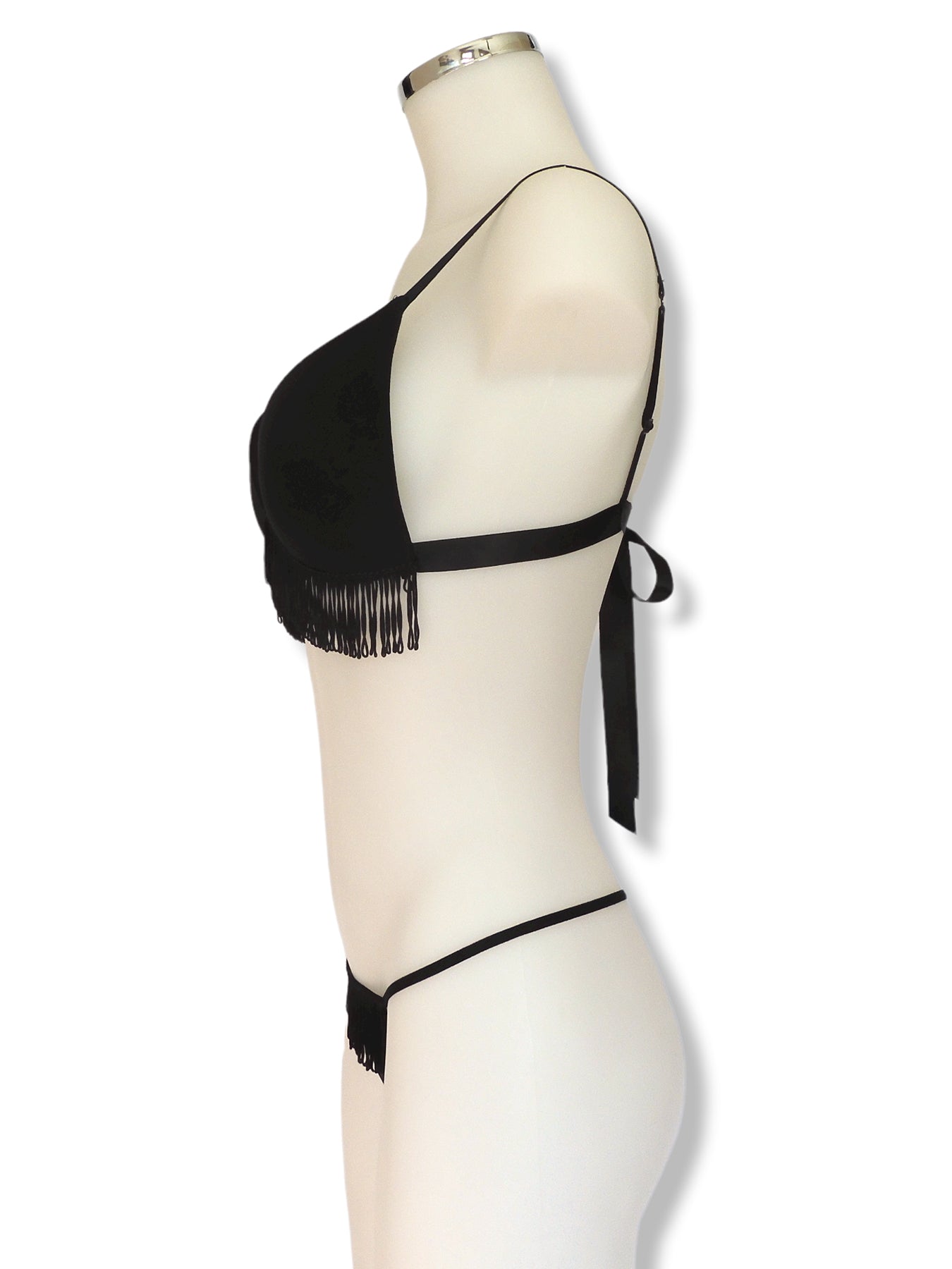 Schwarzer Burlesque Fransen Triangle BH mit transparentem G-String Seitenansicht| fishbelly handmade Lingerie