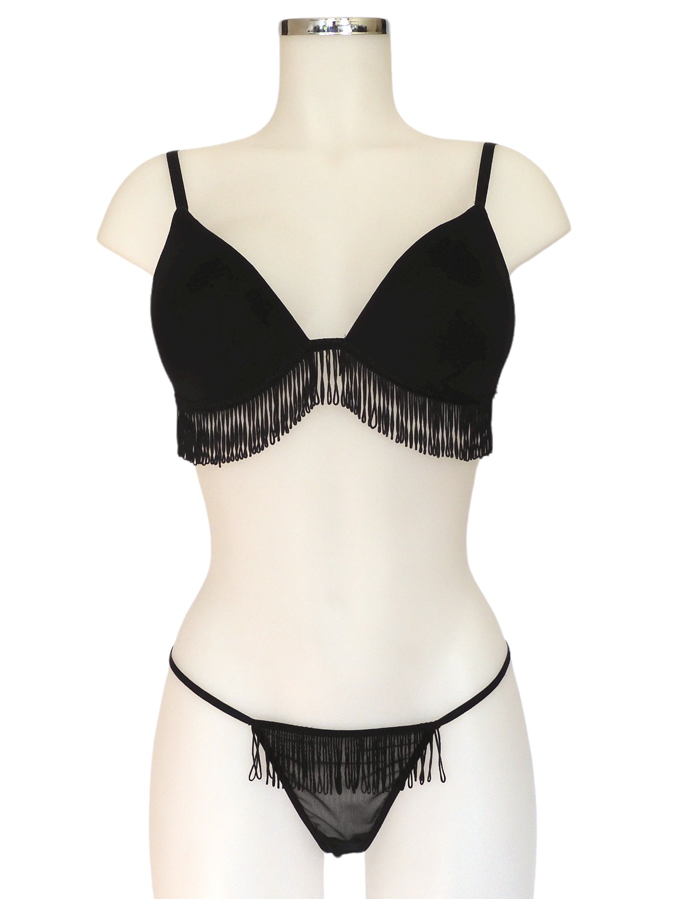 Schwarzer Burlesque Fransen Triangle BH mit transparentem G-String | fishbelly handmade Lingerie