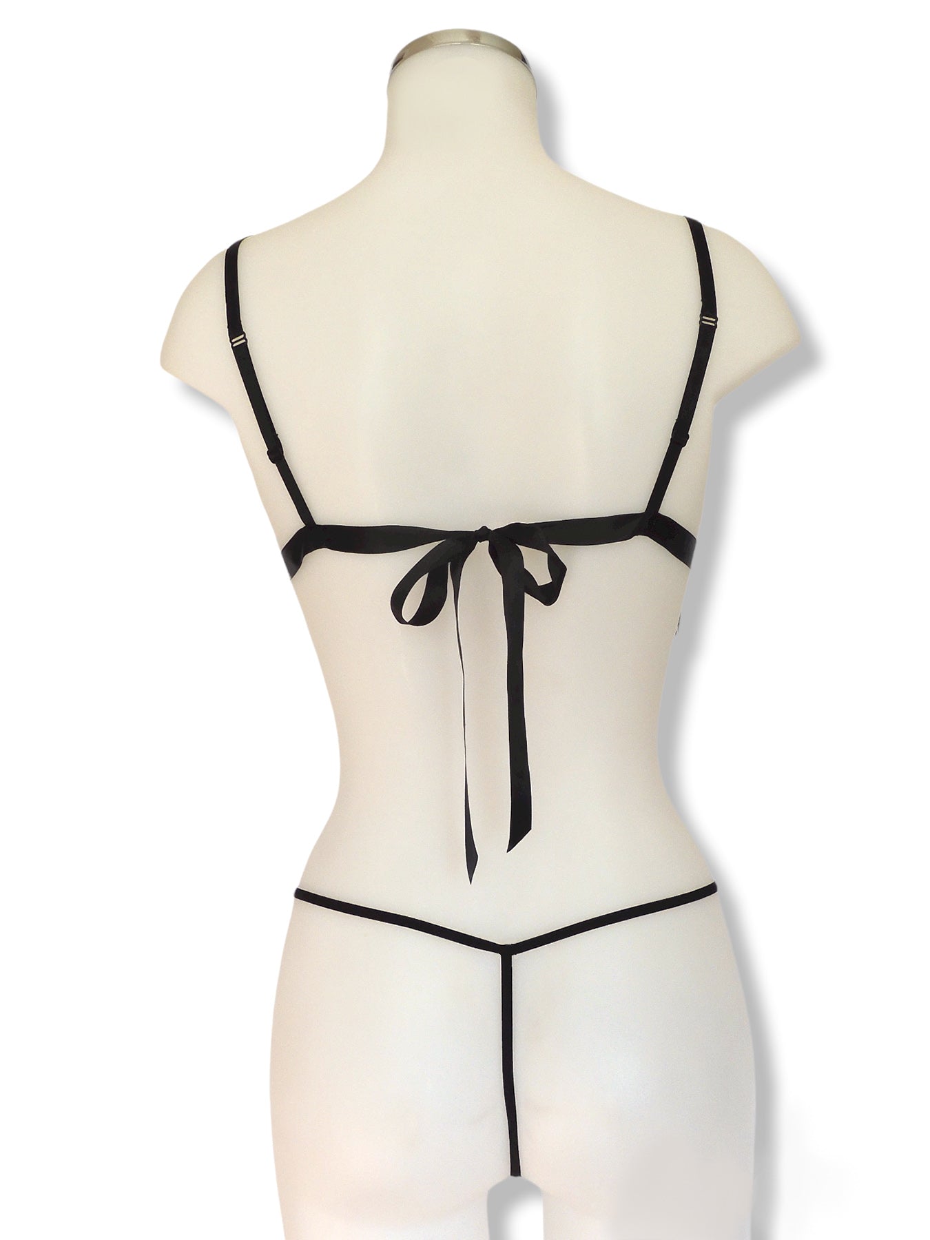 Schwarzer Burlesque Fransen Triangle BH mit transparentem G-String Rückansicht | fishbelly handmade Lingerie