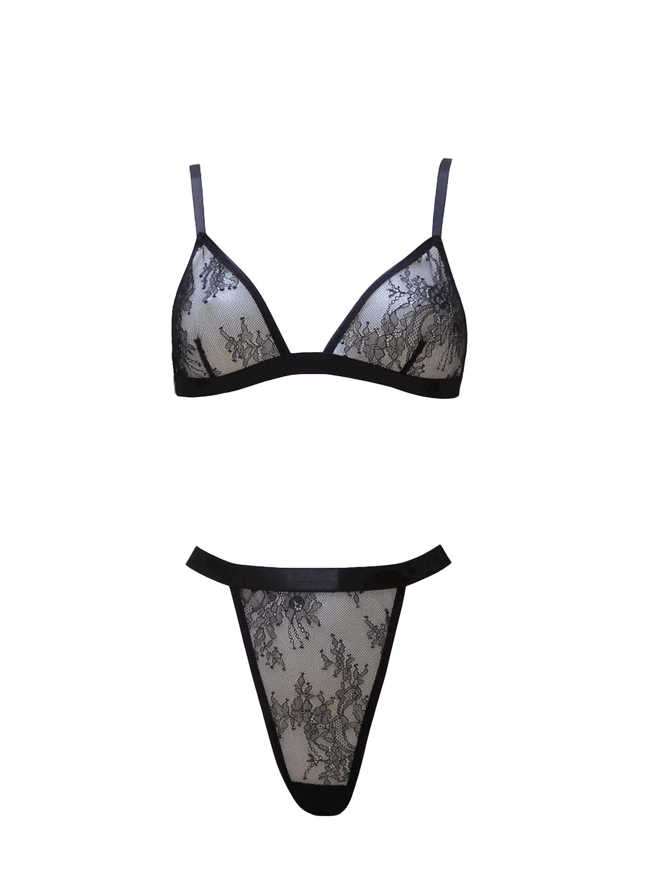 High Waist Taillen-String aus schwarzer Spitze mit passendem Triangel-BH/Bralette ohne Bügel - fishbelly Lingerie handmade in Berlin - freigestellt Vorderansicht