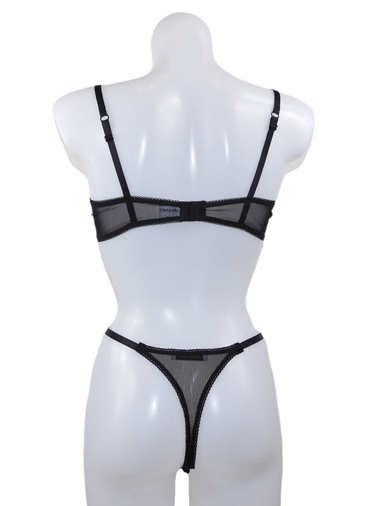 Offener Bügel-BH ouvert in schwarz mit roten Satinschleifchen und passendem offenen String ouvert Rückansicht - fishbelly Lingerie handmade in Berlin