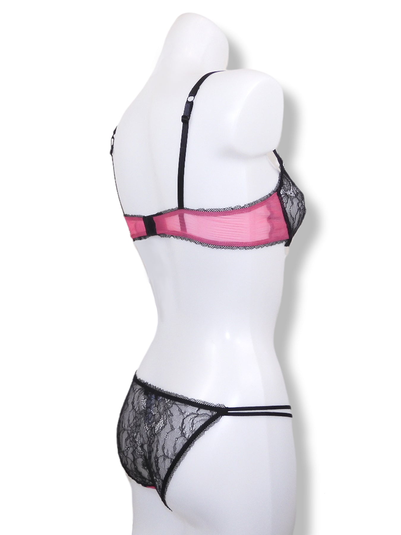 Schwarz/pinker Spitzen-Bügel-BH seitliche Ansicht von fishbelly Lingerie handmade