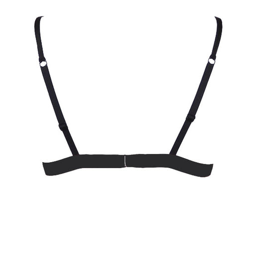 Leicht gepaddeter Triangel-BH ohne Bügel aus himbeerrotem Plissee. Die Cups sind kontrastreich mit schwarzer Spitze mit schönem Eyelash-Abschluß dekoriert. Rückansicht. fishbelly Lingerie handmade in Berlin