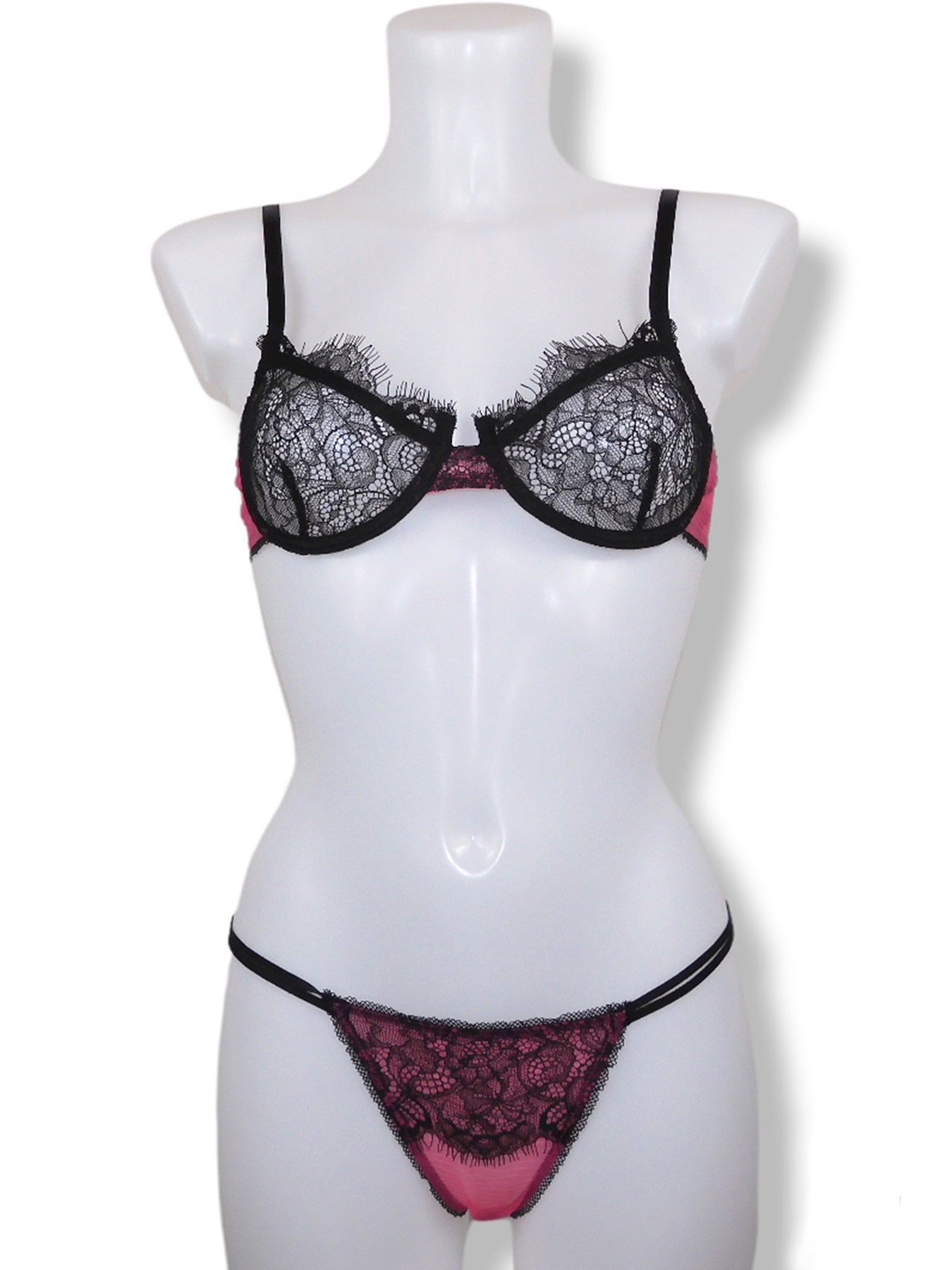 Schwarz/pinker Spitzen-Bügel-BH von fishbelly Lingerie handmade