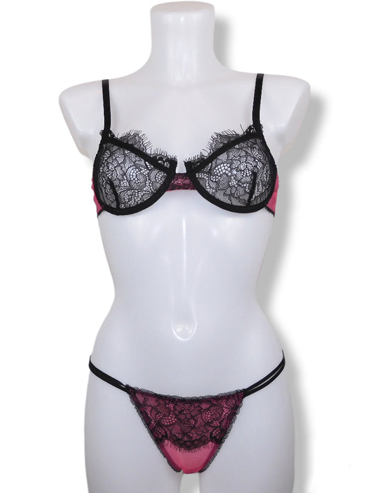 Pinker Bügel-BH mit passendem Tanga-Slip mit schwarzer Spitze von fishbelly Lingerie handmade