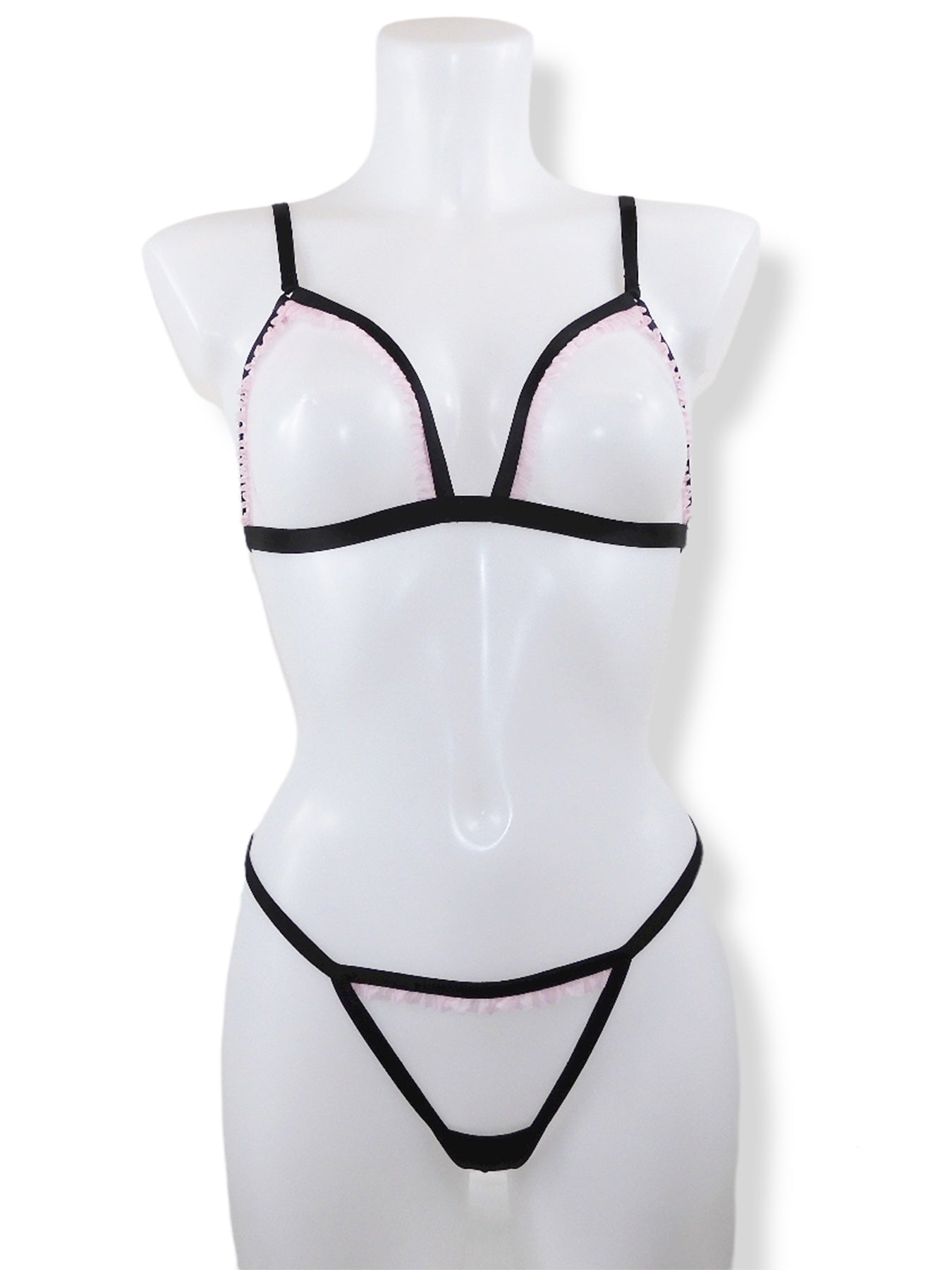Schwarzer offener Frame Bralette BH mit rosa Rüsche und passendem G-String - fishbelly Lingerie handmade in Berlin