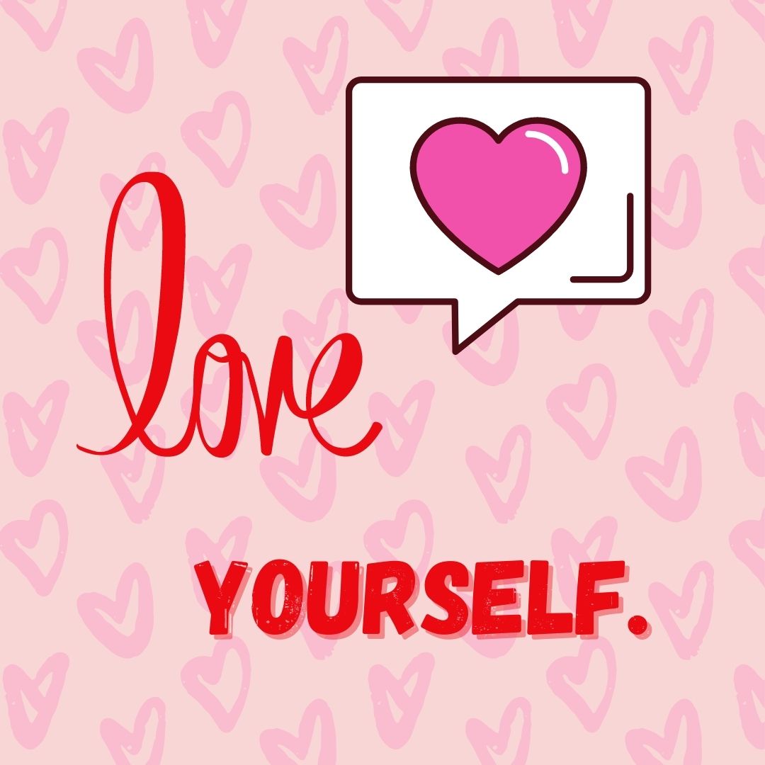 Urbane Lingerie-Ästhetik Berlin: Verspielte Comic-Grafik mit rosa Herzen und dem Schriftzug ‚Love Yourself‘ – Inspiration zum Singles Day am 11. November für mehr Selbstliebe.