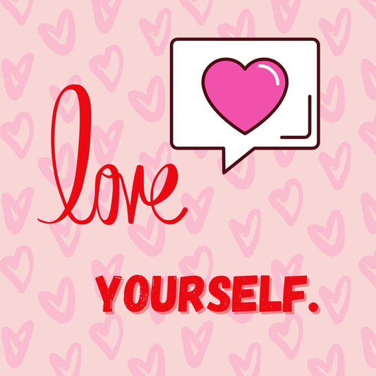 Urbane Lingerie-Ästhetik Berlin: Verspielte Comic-Grafik mit rosa Herzen und dem Schriftzug ‚Love Yourself‘ – Inspiration zum Singles Day am 11. November für mehr Selbstliebe.
