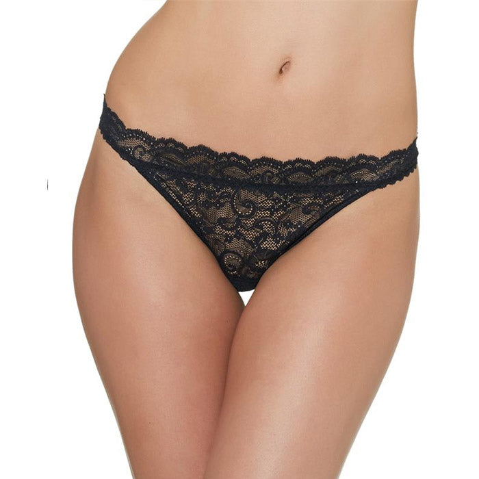Schwarzer pofreier Spitzenslip von Aubade Paris aus der Dessous-Serie BOÎTE À DÉSIR mit raffinierten Ausschnitten am Rückenteil - Vorderansicht