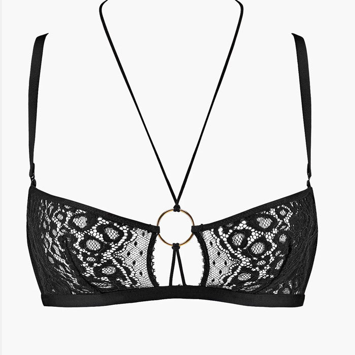 Schwarzes Bandeau-Bralette mit tiefem Ausschnitt und goldfarbenem Schmuckelement aus der Dessous-Serie Illusion Fauve von Aubade Paris - Produktansicht