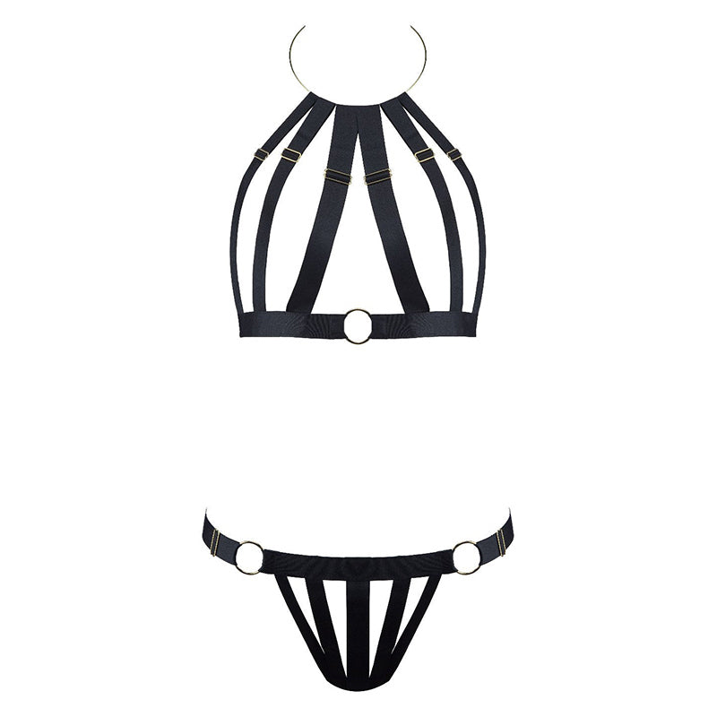 Schwarzes Dessous-Set Lust for Life von Aubade Paris aus elastischen schwarzen Bändern und goldfarbenen Ringen - Produktansicht