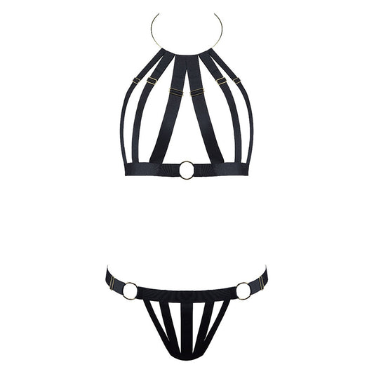 Schwarzes Dessous-Set Lust for Life von Aubade Paris aus elastischen schwarzen Bändern und goldfarbenen Ringen - Produktansicht