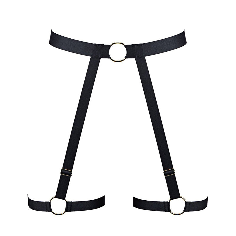 Schwarzer Strumpfhalter aus der Dessous-Serie Lust for Life von Aubade Paris aus elastischen schwarzen Bändern und goldfarbenen Ringen - Produktansicht