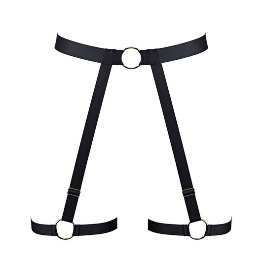 Schwarzer Strumpfhalter aus der Dessous-Serie Lust for Life von Aubade Paris aus elastischen schwarzen Bändern und goldfarbenen Ringen - Produktansicht