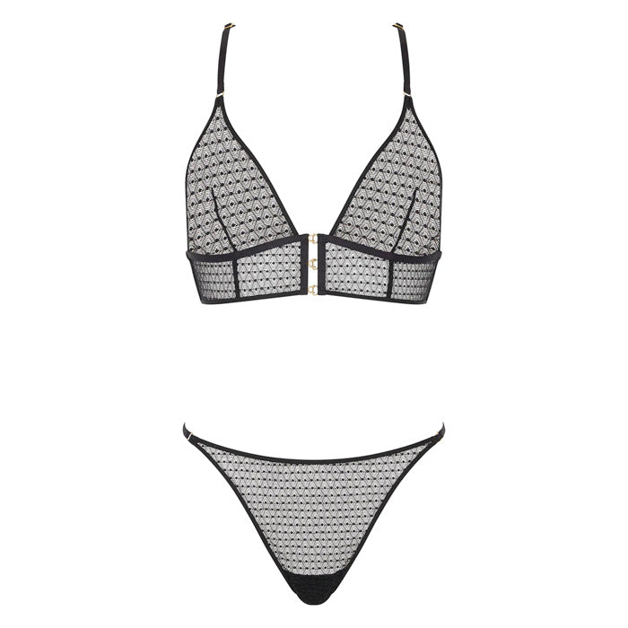 Schwarzes Dessous-Set aus grafischem Netzstoff aus der Serie "BOÎTE À DÉSIR" von Aubade Paris, Produktansicht