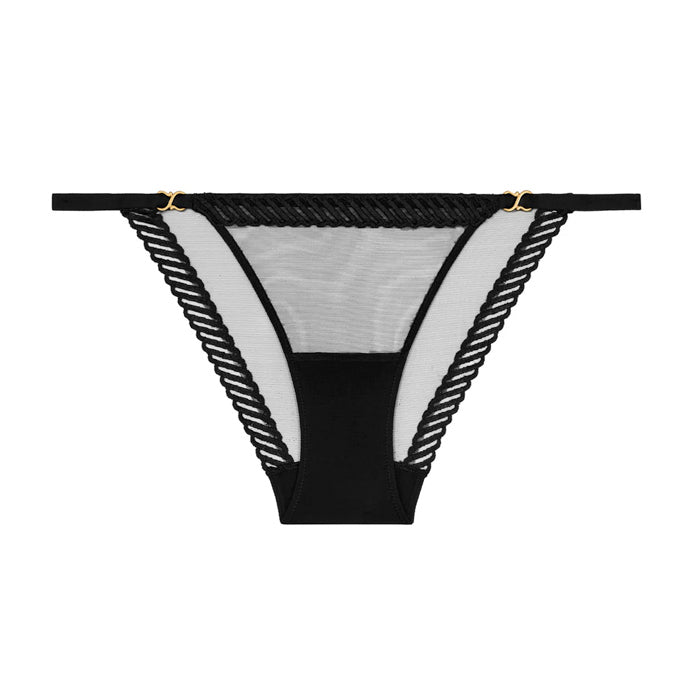 Schwarzer Tanga-Slip aus transparentem Tüll mit Stickereiborte und goldfarbenen Schmuckelementen aus der Dessous-Serie Sheer Emotion von Aubade Paris - Produktansicht