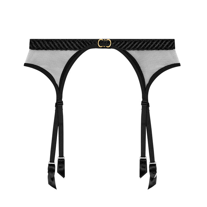 Schwarzer Strumpfhalter aus transparentem Mesh mit Stickereiborte und goldfarbenem Schmuckelement aus der Dessous-Serie Sheer Emotion von Aubade Paris - Produktansicht