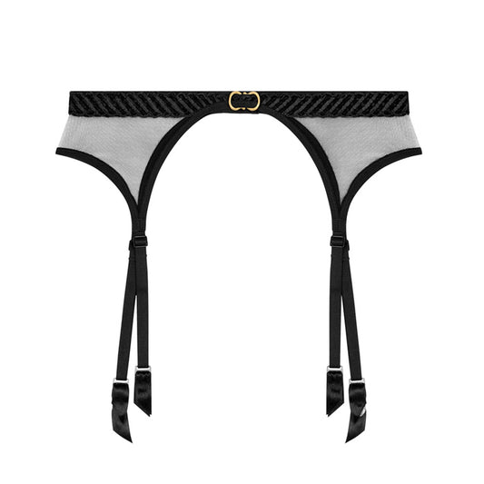 Schwarzer Strumpfhalter aus transparentem Mesh mit Stickereiborte und goldfarbenem Schmuckelement aus der Dessous-Serie Sheer Emotion von Aubade Paris - Produktansicht